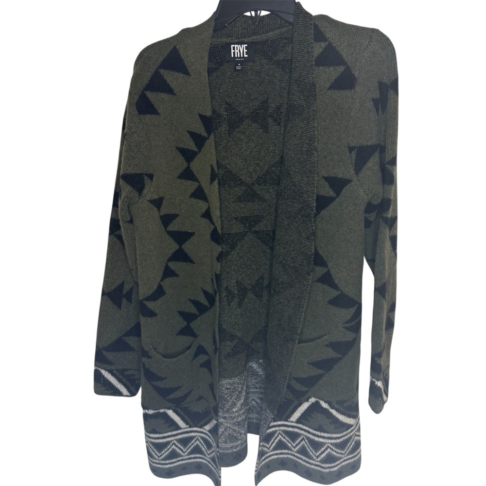 Frye Olive and Charcoal Geometric Open Front Cardigan Size Medium